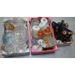 A quantity of decorative glassware to include a cut glass jug, carnival glass etc,