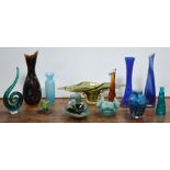 Twelve pieces of vintage coloured glassware to include vases, sculptural pieces,