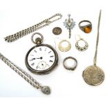 A hallmarked silver crown wind open face pocket watch the enamel dial set with Roman numerals and