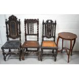 An Edwardian side table, an 18th century oak hall chair with wrythen side supports,