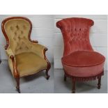 A Victorian walnut spoon back armchair and a cerise upholstered button back low chair on front