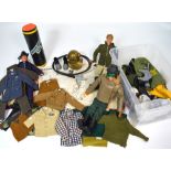 Three original Action Man figures with felt hair and a quantity of original uniforms and clothes to