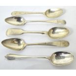 Five hallmarked silver non-matching teaspoons, approx 2.7ozt (5).