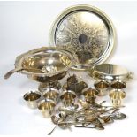 A quantity of silver plated items to include a punch bowl, spoons etc.