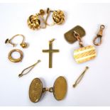 Gold and yellow metal items to include a 9ct gold cross pendant, a pair of knot earrings,