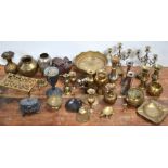 Two boxes of metalware, mainly brassware to include Indian brassware and vases, trays, candelabra,