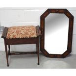 A floral upholstered piano stool with lift up seat on tapering legs and a 20th century wall mirror