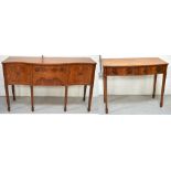 A reproduction sideboard on tapering legs, width 153cm and a similar two drawer side table,