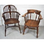 A 19th century oak captain's chair (af) and a 19th century Windsor carver with elm seat on turned