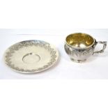 A 19th century French silver miniature cup and saucer, approx 2.4ozt.