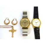 A pair of 9ct gold creole earrings, a yellow metal cross and chain and two fashion watches.