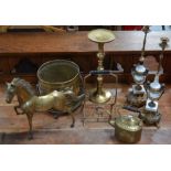 A collection of brassware to include a large model of a horse, a jardinière, a spirit kettle,