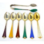 A set of six David Andersen silver and guillochet enamelled teaspoons and sugar tongs,