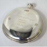 An Elizabeth II hallmarked silver circular flask with inscription, 'Marc Weston from the trustees M.