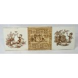 Three early 20th century tiles with childhood scenes in sepia,