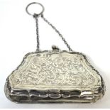 A George V hallmarked silver engraved purse with chain handle, Birmingham 1916, approx 2.