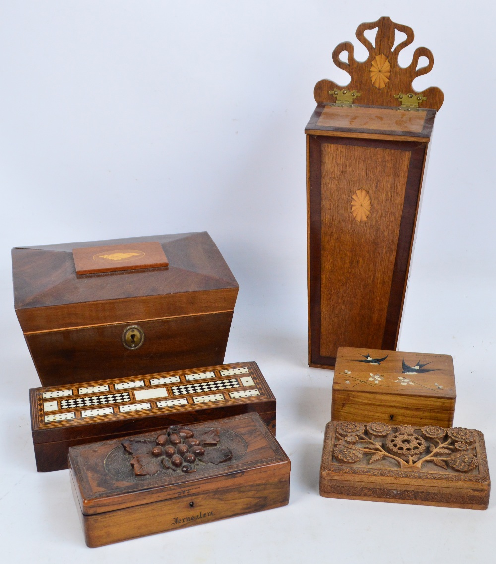 A 20th century oak inlaid and mahogany cross banded candle box in the Georgian style, height 47cm,