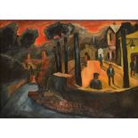 CONSTANTINE STERIO; oil on canvas "Welsh Mining Village After Joseph Herman 1968", signed,