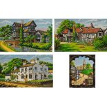 Four mounted but unframed Macclesfield silks; "Old Macclesfield", "The Wizard,