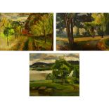 GEORGE HODGKINSON; three oils on board; "Cart Tracks", 42 x 55cm, "Woodland Scene", 43 x 57cm,