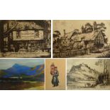 After RAY ALLEN; two etchings "Old Curiosity Shop" and "Anne Hathaway's Cottage",