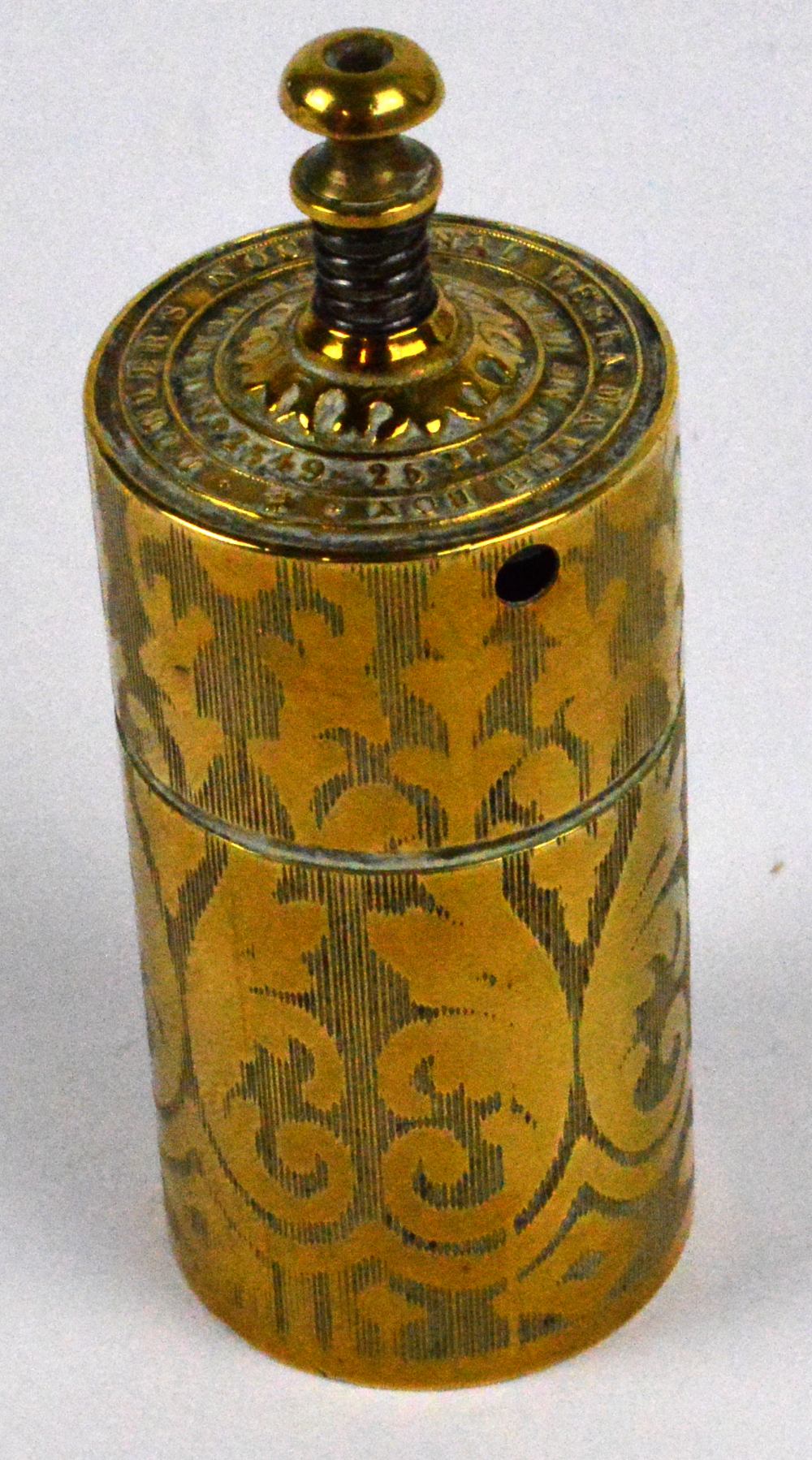 A late 19th century brass "Dowler's Nocturnal" vesta matchbox with spring button push, length 8cm.