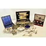 A small quantity of plated items including a cased set of pastry forks, a six section toast rack,