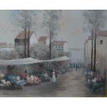 LEE REYNOLDS; oil on canvas, town street scene with flower sellers, signed to lower left,