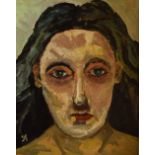 STEVEN GREEN; oil on board, head of a woman, bears monogram lower left and inscribed verso,