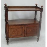 A Victorian oak buffet, the upper shelf with plain gallery and four squat finials, turned supports,