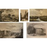 Five framed and glazed early engravings depicting Stockport.