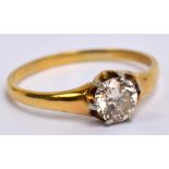 A yellow metal diamond solitaire ring, the six claw set stone approx 0.5cts, size O, approx 2.2g.