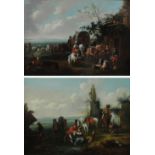 In the manner of BRUEGEL; a pair of oils on panel, figures and animals beside a dwelling,