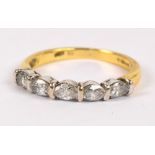 An 18ct yellow gold five stone diamond ring with oval cut stones in claw mount, size N, approx 3g.