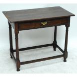 A 19th century oak single drawer side table on turned stretchered supports, height 74cm,
