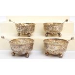 A cased set of four Victorian hallmarked silver open circular salts with bead decorated rims,