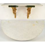 A white marble demi-lune shelf mounted on twin gilt metal pierced scrolling brackets, width 85cm.