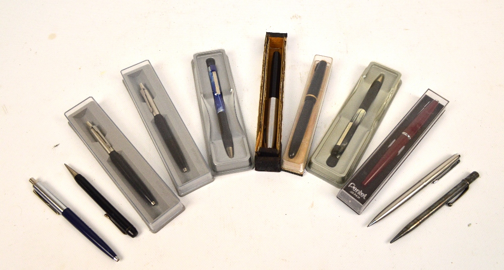 A collection of various pens to include a Parker fountain pen with 14ct yellow gold nib,