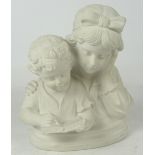 After TORRIONE; a 20th century marble group of two children reading from a book on oval plinth,
