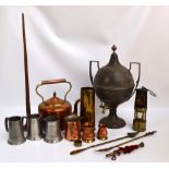 A quantity of metalware to include a copper and brass detailed kettle, a section of a hunting horn,