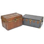 A vintage metal simulated wood travelling trunk, 74 x 56cm, height 52.5cm and a further example (2).