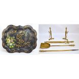 A large shaped metal Toleware decorated tray with painted flowers and bird with gilt foliage,