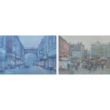 BOB RICHARDSON (1928-2005); two signed coloured prints, both depicting streets of Northern cities,