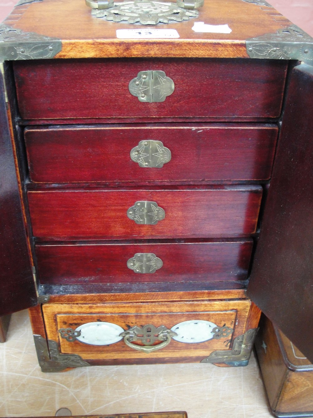 An Oriental jewellery cabinet with gilt metal mounts and pierced hardstone panels, - Image 6 of 7