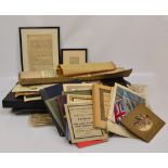 A large quantity of ephemera including newspapers, maps, framed and glazed letter,