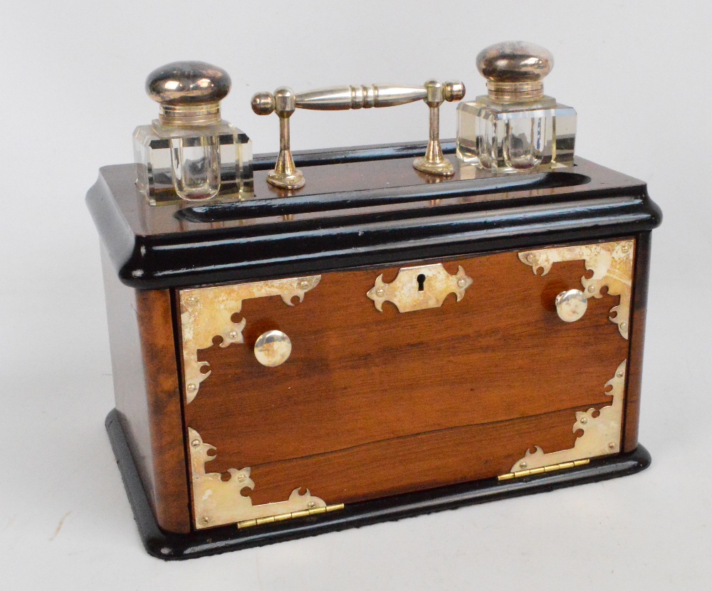 A Victorian walnut silver plate mounted and ebonised inkstand/cabinet,