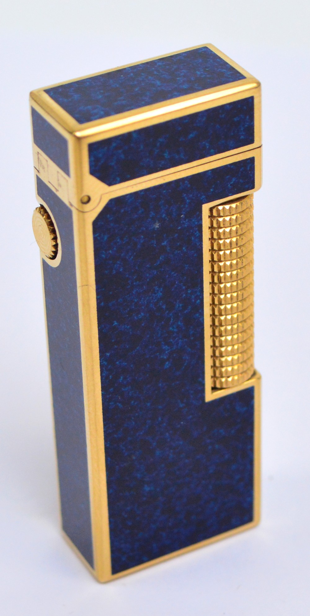 DUNHILL; a rectangular lighter with simulated lapis lazuli body and gold plated mounts, length 6.