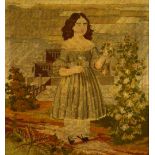 A large Victorian woolwork tapestry depicting a girl in a garden with a building in the background,