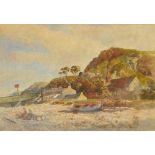 In the manner of GEORGE HAYDOCK DODGSON; watercolour, shore scene with two figures, two boats,