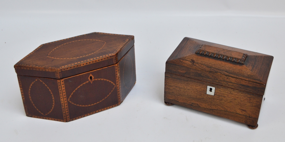 A 19th century mahogany squared lozenge shaped two-compartment tea caddy,